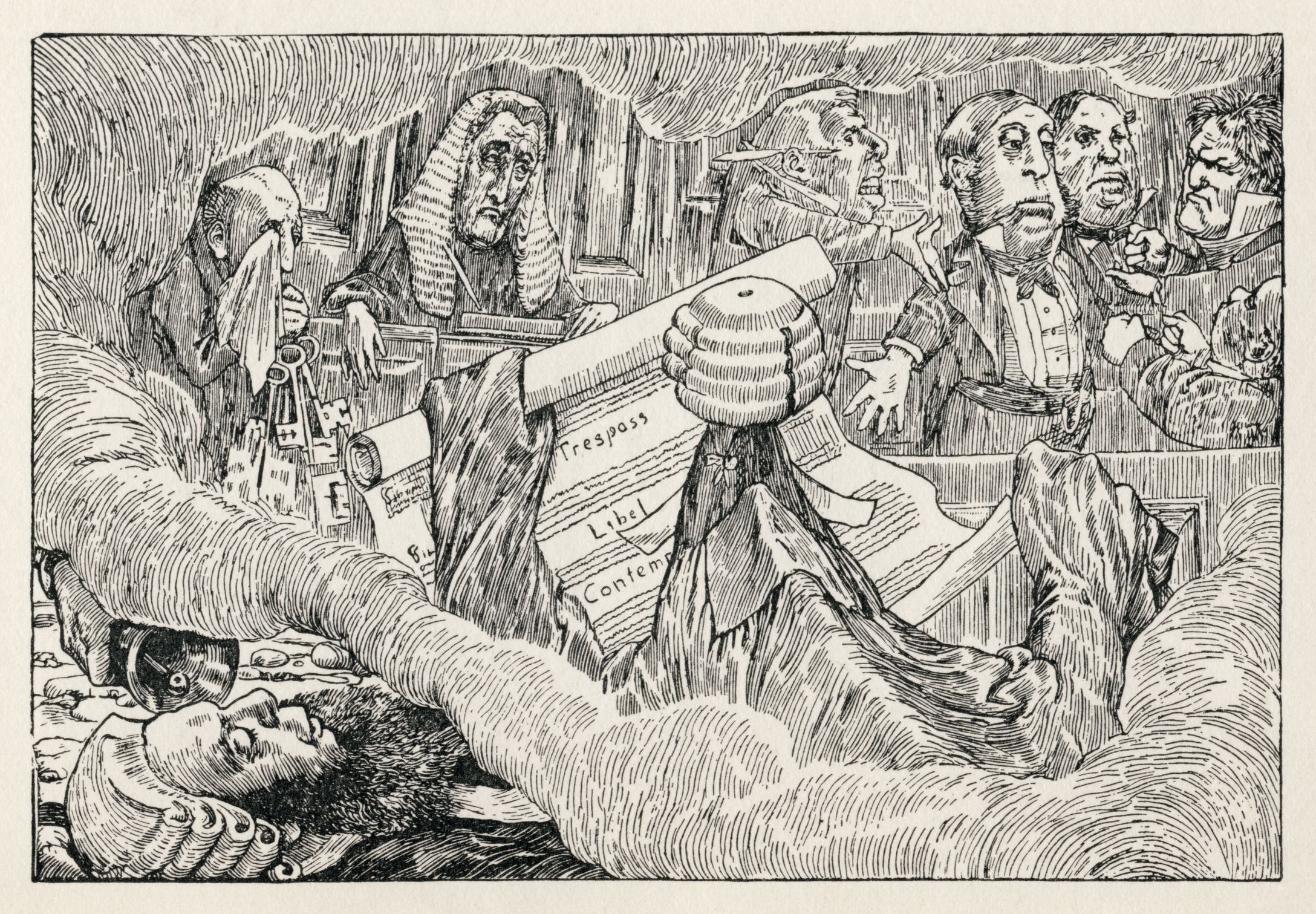 A crowded wood engraving of a courtroom in a dream. In the centre stands the Snark, and almost none of it can be seen: a barrister&rsquo;s wig sits on top of a shape entirely hidden under a gown and a heap of drapery, one hand holding out a brief, with papers behind it lettered Trespass, Libel and Contempt. To the left a judge in a full wig leans over the bench, and beside him another figure presses a handkerchief to his face. To the right a row of men in evening dress crane forward, one pointing, another gesturing with a rolled paper. Across the whole foreground, lying on his back with his eyes shut, is the sleeping Barrister whose dream this is, his own wig beside his head.