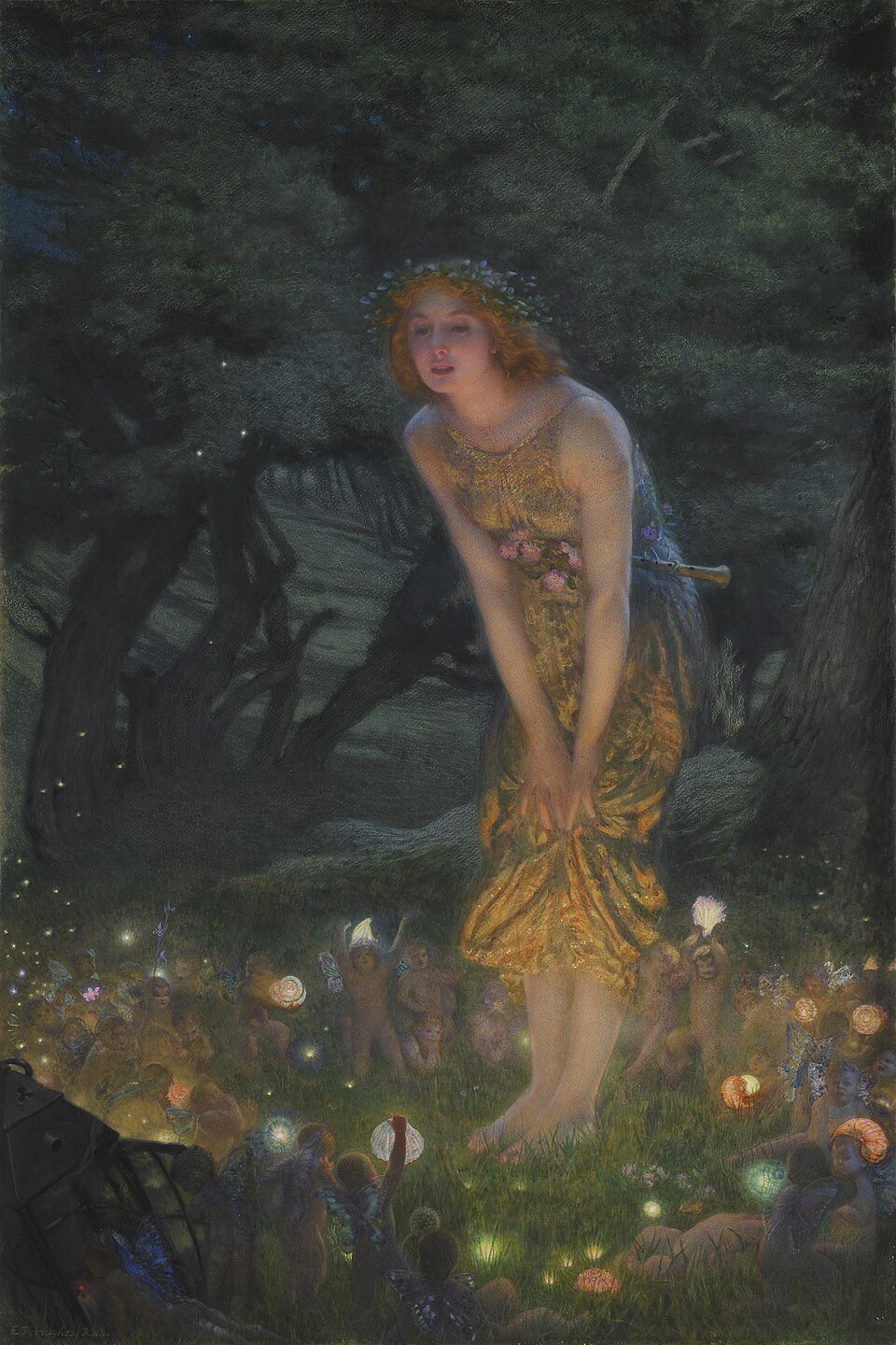 A night woodland in deep blue-green. A barefoot young woman with loose red hair and a circlet of small blue flowers stands among the trees in a long amber-gold dress, bending forward and gathering her skirt in both hands to look down. Around her feet a dense crowd of small winged fairies holds up glowing lanterns made of shells, seed pods and flowers, throwing warm points of light across the grass. A dark lantern lies fallen and unlit on the ground at the lower left.
